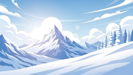 A cartoon landscape featuring snow covered mountains and evergreen trees under a cloudy blue sky