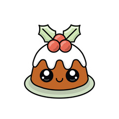 Cute Smiling Christmas Dessert with Berries and Holly. Holiday Season Illustration.