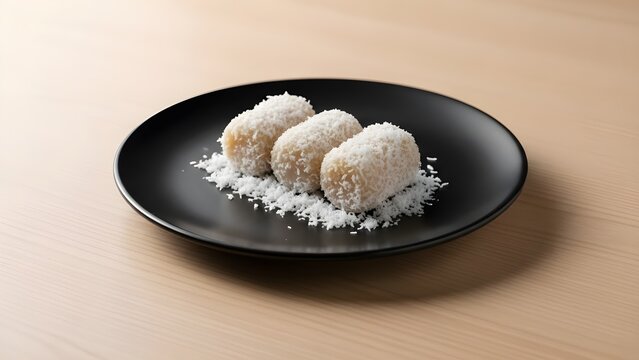 Three Pieces of Getuk Lindri (Indonesian Traditional Cassava/Tuber Cake) Covered in Fresh Coconut Flakes, Served on a Minimalist Black Plate