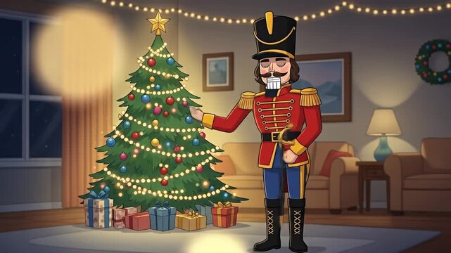 Nutcracker Doll Stands Beside a Beautifully Decorated Christmas Tree in a Cozy Living Room.