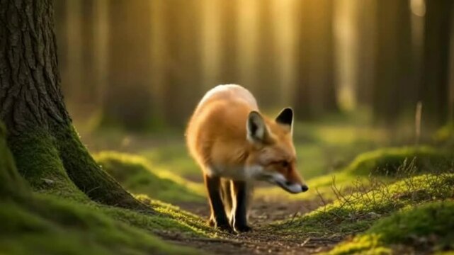 A beautiful red fox walks gracefully along a sun-dappled forest path, its rich orange fur glowing in the golden light filtering through the trees. The majestic wild animal moves with quiet curiosity, 