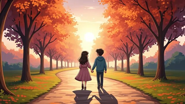 Couple walking hand in hand on a path lined with autumn trees at sunset.