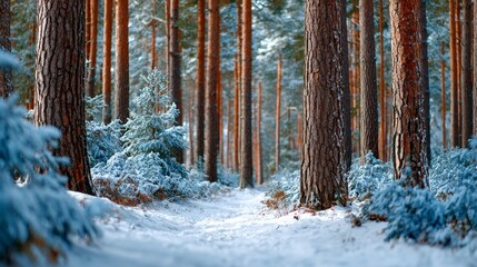 Peaceful Winter Wonderland with Snow Covered Trees and a Tranquil Path Through the Frozen Forest