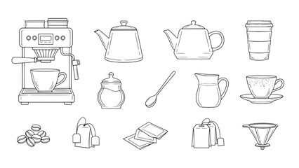 Outline Vector Collection of Coffee and Tea Brewing Essentials and Drinkware on White Background