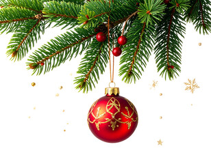 christmas fir branch with xmas decoration ball isolated on white or transparent png