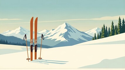 Orange skis and poles in snowy field with mountains and trees in the background on a sunny day