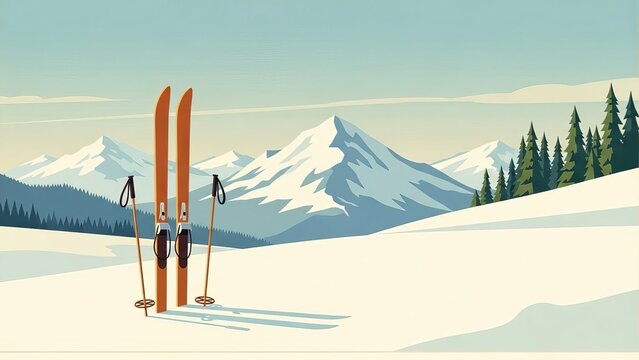 Orange skis and poles in snowy field with mountains and trees in the background on a sunny day