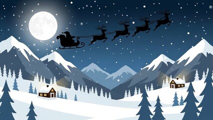 Santa claus flying over snowy mountains with reindeer and a full moon on christmas eve night scene