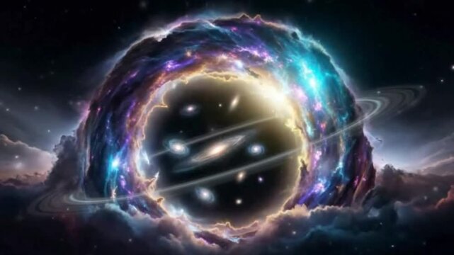 A breathtaking cosmic spectacle unfolds, featuring a vast, glowing celestial structure resembling a vibrant nebula or an interdimensional portal. Swirling clouds of luminous gas in shades of deep blue