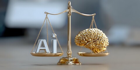 Golden balance scale comparing artificial intelligence and human brain, symbolizing ethical considerations in technology advancement.
