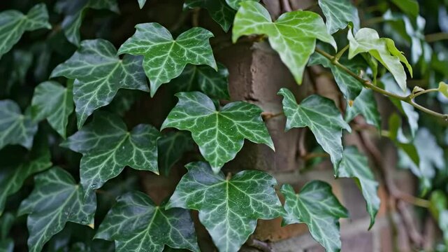 A close-up view of lush green ivy leaves climbing a rustic brick wall, showcasing the intricate patterns and vibrant hues of the foliage against the textured surface