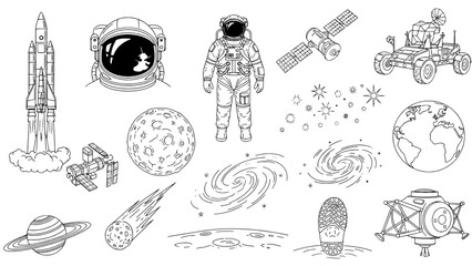 Comprehensive Space Exploration Icon Set: Black Outline Illustrations of Astronauts, Rockets, Celestial Bodies, and Spacecraft on White Background, Detailed Doodle Style