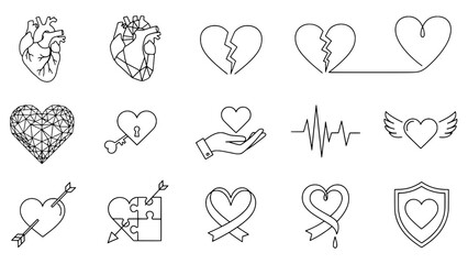 A comprehensive set of fourteen black outline heart-themed icons, featuring anatomical, symbolic, and abstract designs in a clean, minimalist vector style on a white background.