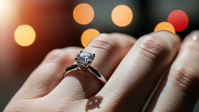 Brilliant diamond engagement ring on hand with soft bokeh lights