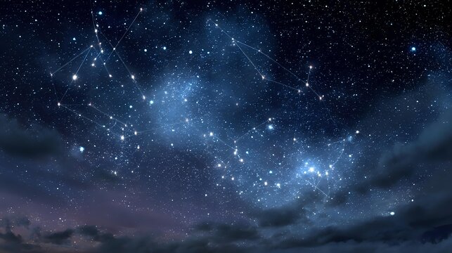 Cosmic night sky with bright stars and constellation patterns connected by glowing lines against dark clouds and purple horizon.