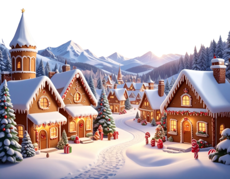 christmas village with gingerbread houses and trees