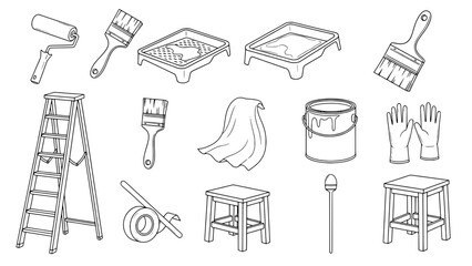 Collection of 14 Black Outline Icons: Painting & Home Renovation Tools & Supplies, Flat Vector Art on White Background