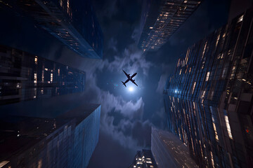 night city in the city with airplane in the sky.