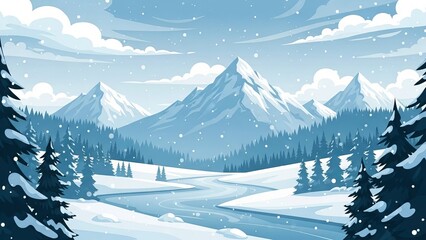 A cartoon landscape featuring snow covered mountains and evergreen trees under a cloudy blue sky