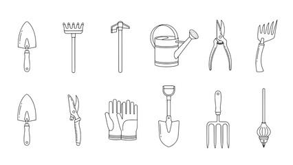 A Grid of Twelve Flat Line Art Gardening Tools Icons on White Background