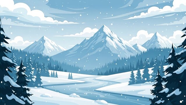 A cartoon landscape featuring snow covered mountains and evergreen trees under a cloudy blue sky