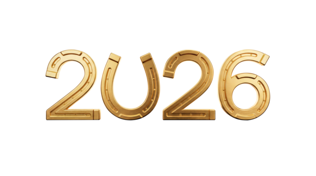 Golden 2026 Year Number with Lucky Horseshoe Symbol, 3D Render Isolated on White Background for New Year Celebrations, Future Planning, and Festive Designs.