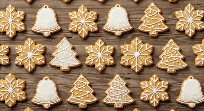Festive gingerbread cookies on rustic wood background creating a joyful christmas atmosphere - Powered by Adobe
