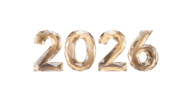 Sparkling Crystal 2026 Numerals with Golden Glitter Particles. Elegant and Luxurious Design Element for New Year's Eve Celebrations and Future-Themed Content.