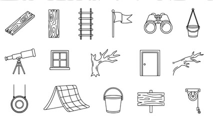 Collection of 15 Outdoor and Adventure Line Art Icons: Wood, Tools, Structures & Nature Elements Arranged in a 3x5 Grid on White Background