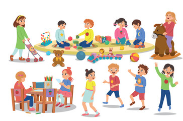 Large set with children. Children in kindergarten playing with toys on a white background. Vector
