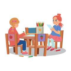 Children drawing at a table on a white background vector.