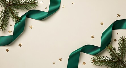 Emerald satin ribbons and gold stars on ivory background with pine branches — elegant minimal holiday composition, clean negative space