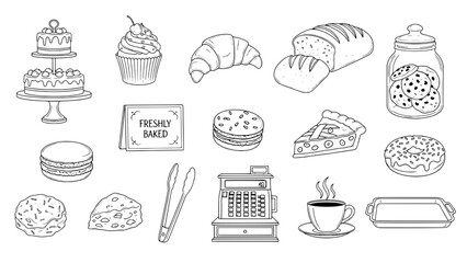 Set of 16 Hand-Drawn Black Outline Bakery, Pastry, and Cafe Icons on White Background