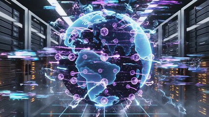 Global Network Data Flow in Server Room A Futuristic Visualization of Worldwide Connectivity Data Transmission and Digital Communication in a Modern Data Center Environment. - Powered by Adobe