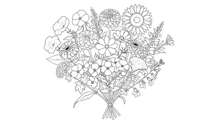 Detailed Black Outline Floral Bouquet Illustration on White Background, Featuring Assorted Garden Flowers and Foliage in Clean Line Art Style