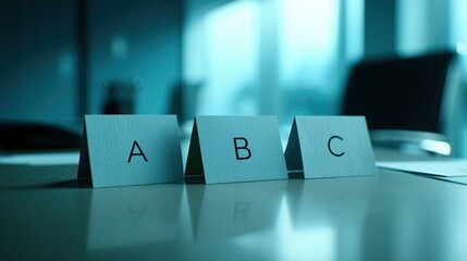 Three cards labeled A, B, and C placed on a conference table in a modern office setting. The background features a blurred office environment.