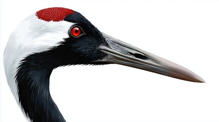 Close-up of a Japanese crane with a distinctive red crown and bright red eye. The bird has a long neck and black and white plumage.