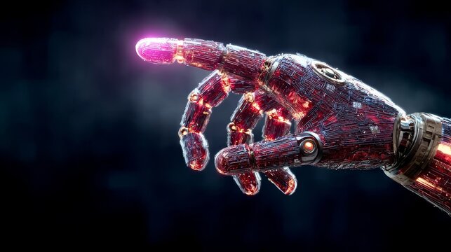 Futuristic Robotic Hand Touching Holographic Finger on Cyber Background, Innovation in Technology