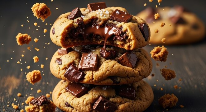 Indulgent chocolate chip cookie stack with a gooey center and falling crumbs on dark surface