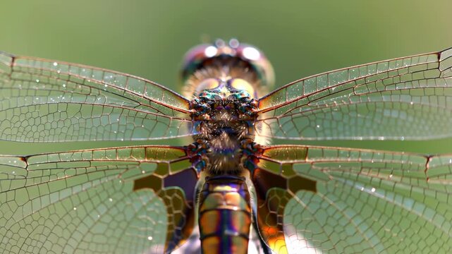 Detailed macro view of a dragonfly showcasing intricate wings, resting on grass. For insect closeups
