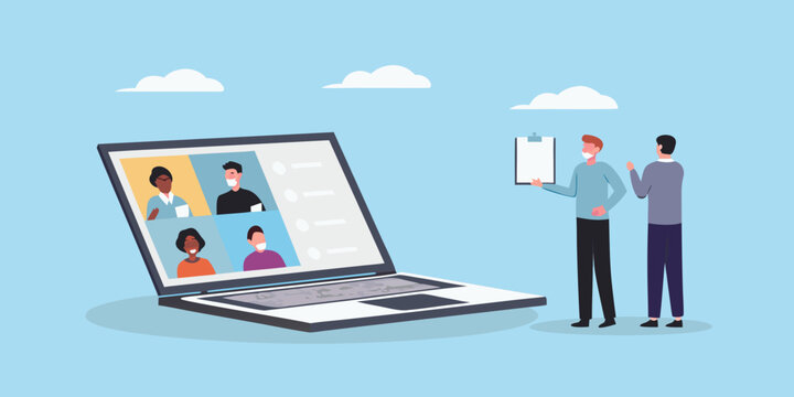 Two men presenting a video conference call on a laptop screen