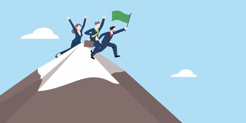 Business team celebrates reaching mountain summit with flag