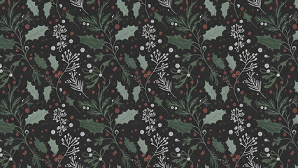 Seamless Dark Christmas Pattern with Holly, Mistletoe, Pine Branches, and Red Berries