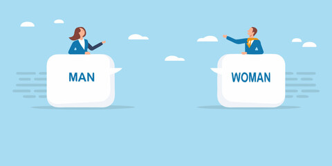 Man and woman in speech bubbles communicating on a blue sky background