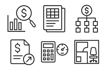 Finance and office icons: chart, document, calculator, desk setup