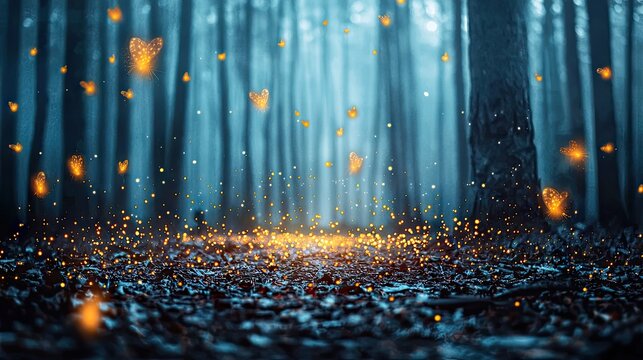 An ethereal forest scene with glowing butterflies and particles, creating a magical and dreamlike atmosphere at night. - Powered by Adobe