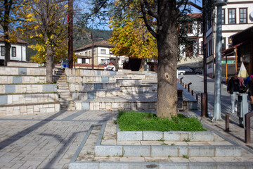 Stone square steps and large tree in Tarakli center