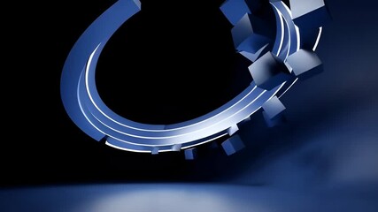 Rotating 3D ring with cubes: minimalist abstract concept of security, blockchain, and authentication in blue tones. Ideal intro for corporate projects.