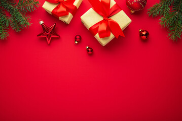 Merry Christmas and Happy Holidays greeting card, frame, border. New Year. Red Christmas ornaments...