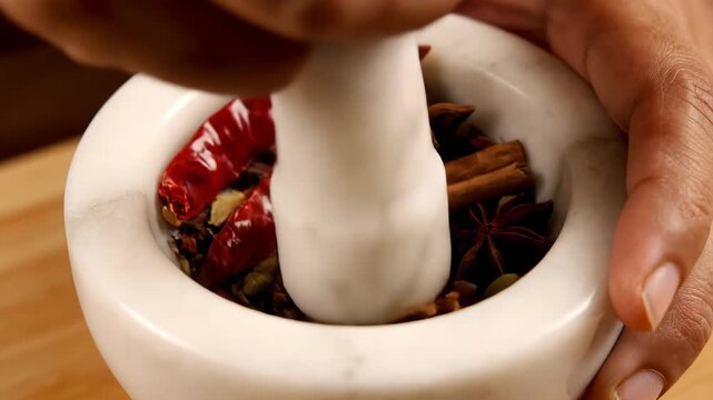 Spice assortment being added to a marble mortar with hand.